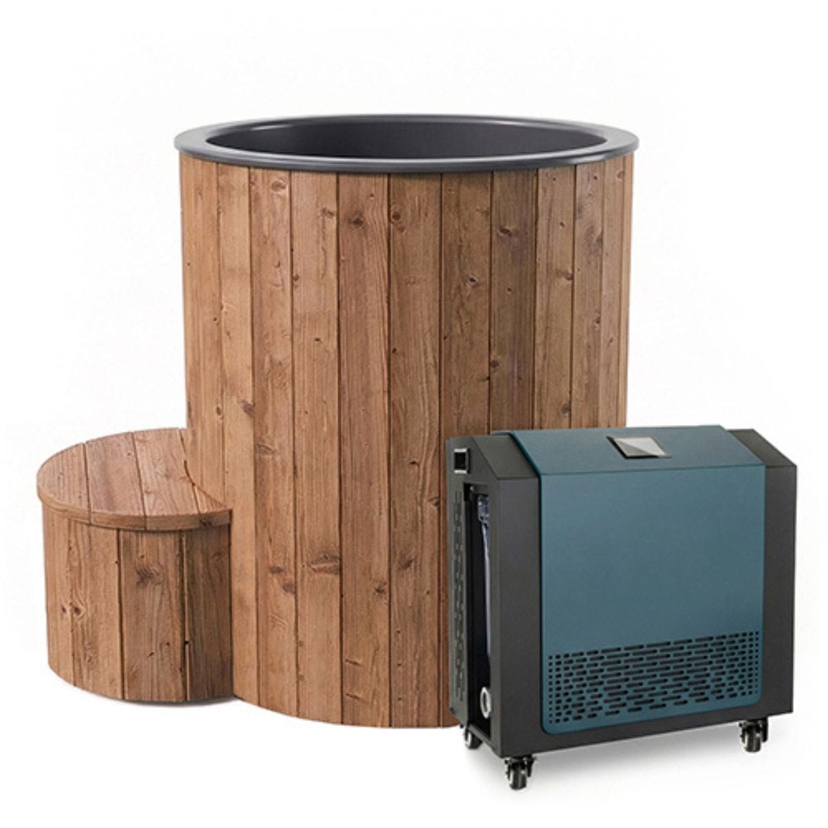 Wooden plunge and black chiller/heater unit on a white background