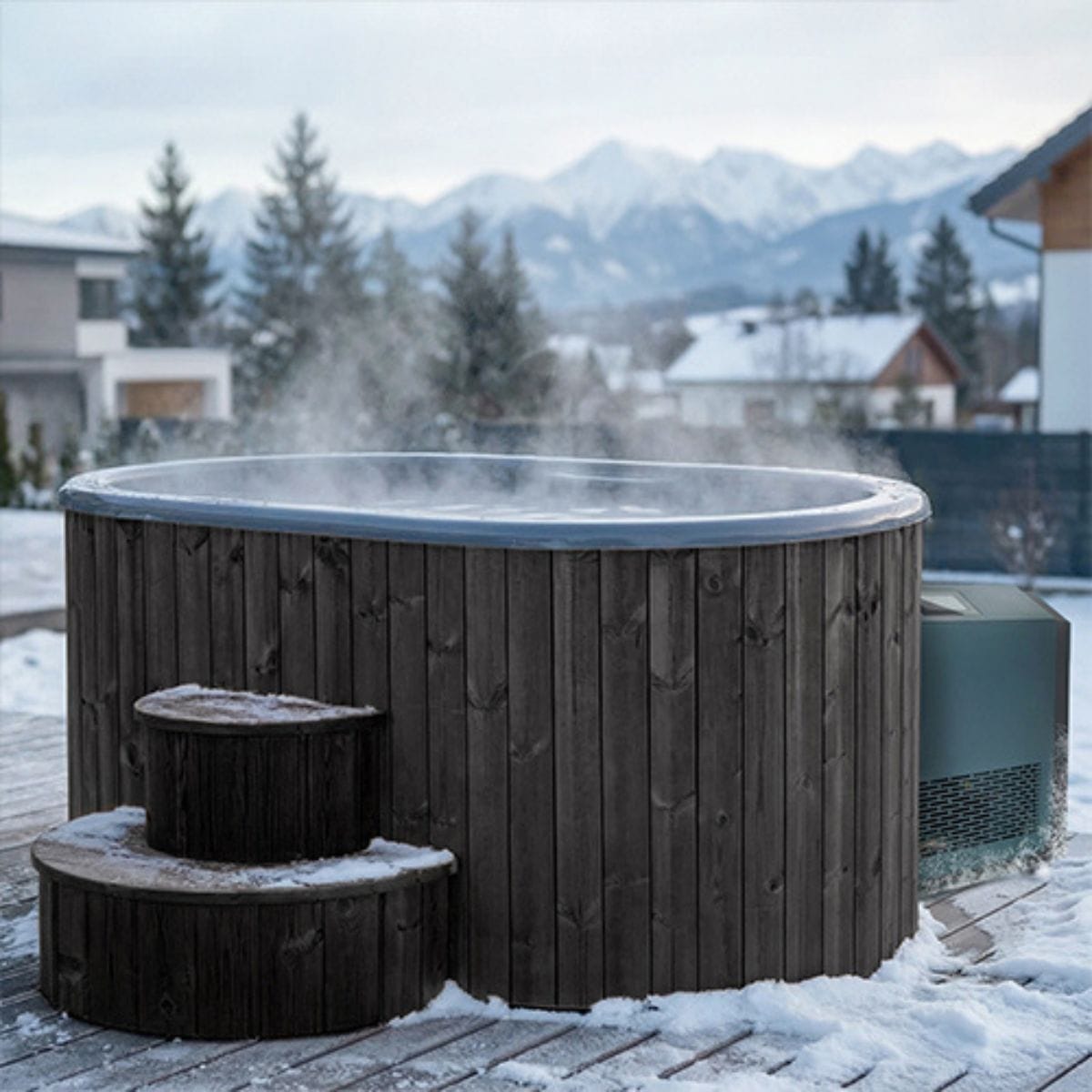Wooden hot tub with steam rising in a snowy outdoor setting with mountains in the background.