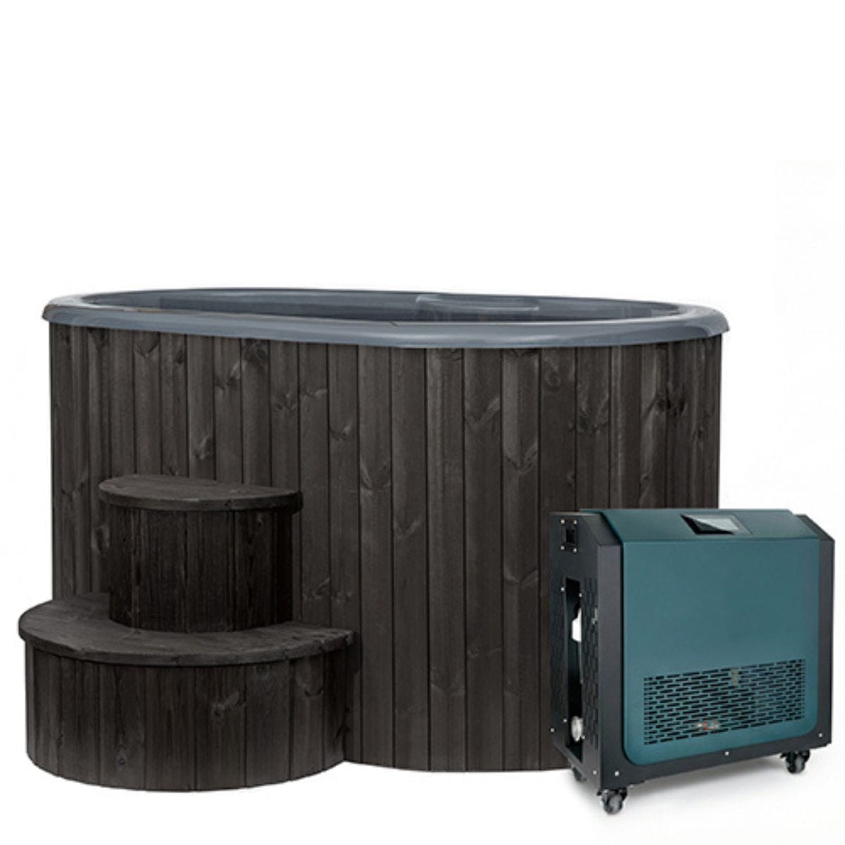 Wooden hot tub with steps and a separate heating unit on a white background