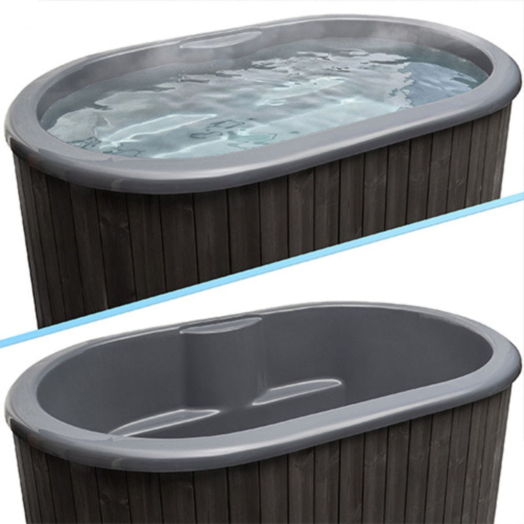 Two views of a hot tub with water, one showing the top view and the other showing the side view.