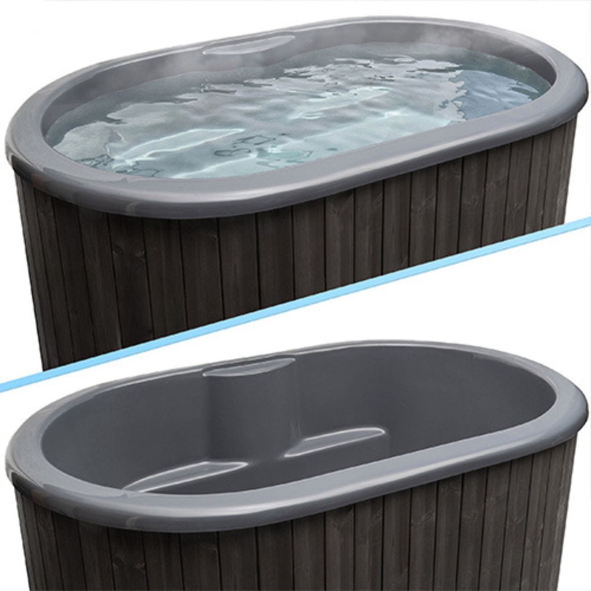Two views of a hot tub with water, one showing the top view and the other showing the side view.