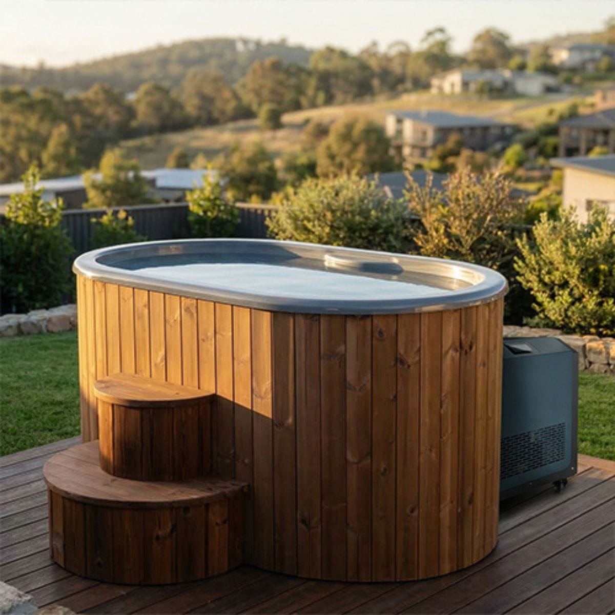 Wooden hot tub on a deck with a scenic background