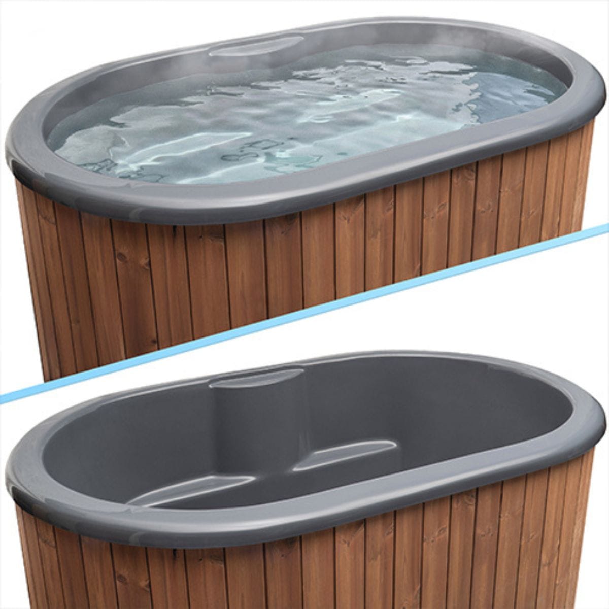 Hot tub with wooden exterior and gray interior on a white background