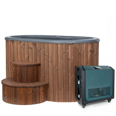 Wooden hot tub with steps and a separate heating unit on a white background