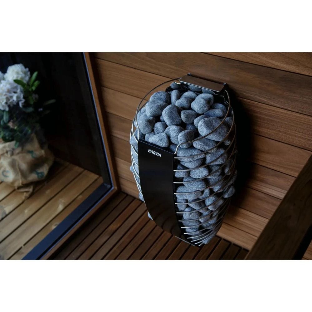 Basket of stones on a wooden deck with a blurred background