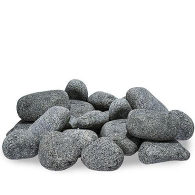 Rounded Olivine Diabase sauna heater stones resemble nature's rounded stones from the great rapids, bringing an organic look to your sauna and multiple benefits. 